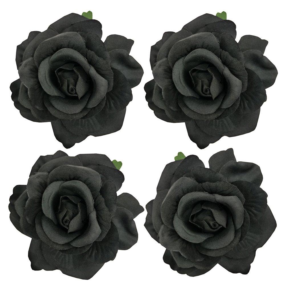 [Australia] - Sanrich 4pcs/pack Fabric Rose Hair Flowers Clips Mexican Hair Flowers Hairpin Brooch Headpieces black 