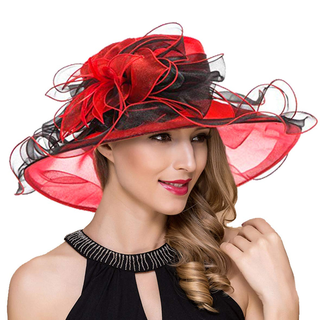 [Australia] - Women Kentucky Derby Church Dress Fascinator Wide Brim Tea Party Wedding Hats S042b S037-red 