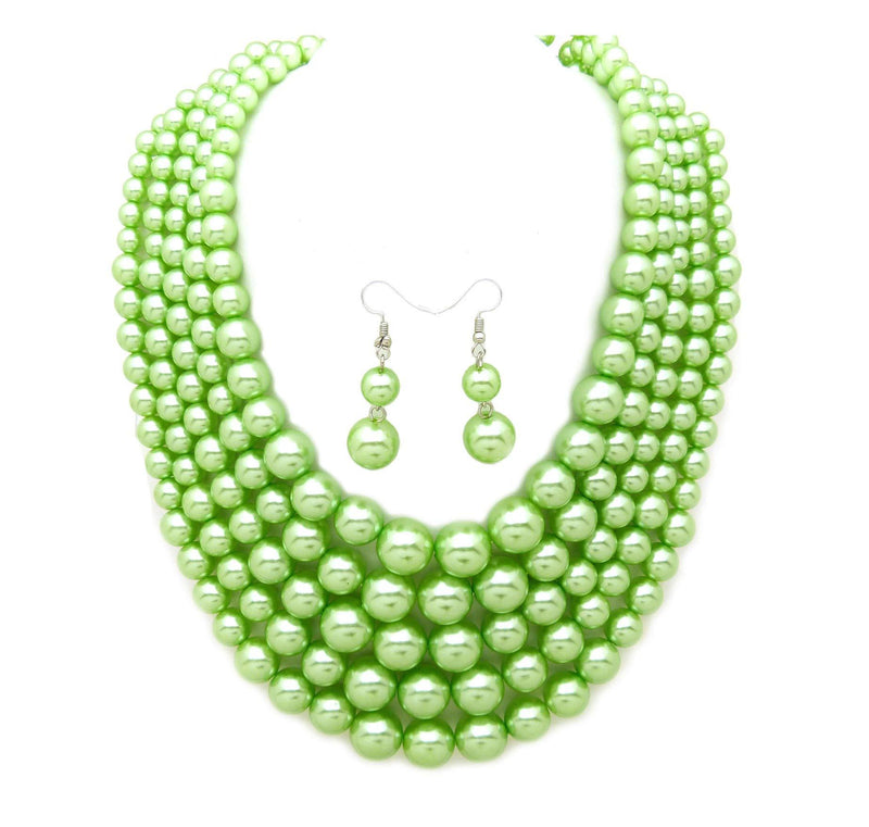 [Australia] - Women's Simulated Faux Pearl Five Multi-Strand Statement Necklace and Earrings Set Lime Green 