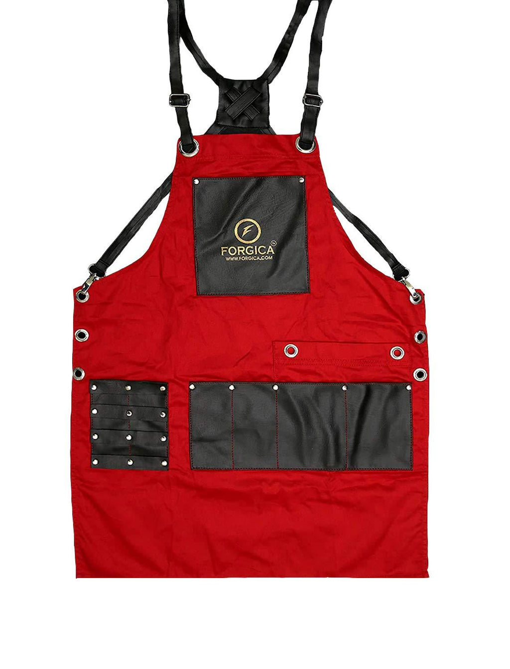 [Australia] - FORGICA Professional Leather Aprons for Men Barber Apron Cape for Salon Hairstylist Multi use, Adjustable with 8 pockets - Heavy Duty Work Apron Premium Quality Aprons For Women- NY Edition (Red And Black) Red And Black 