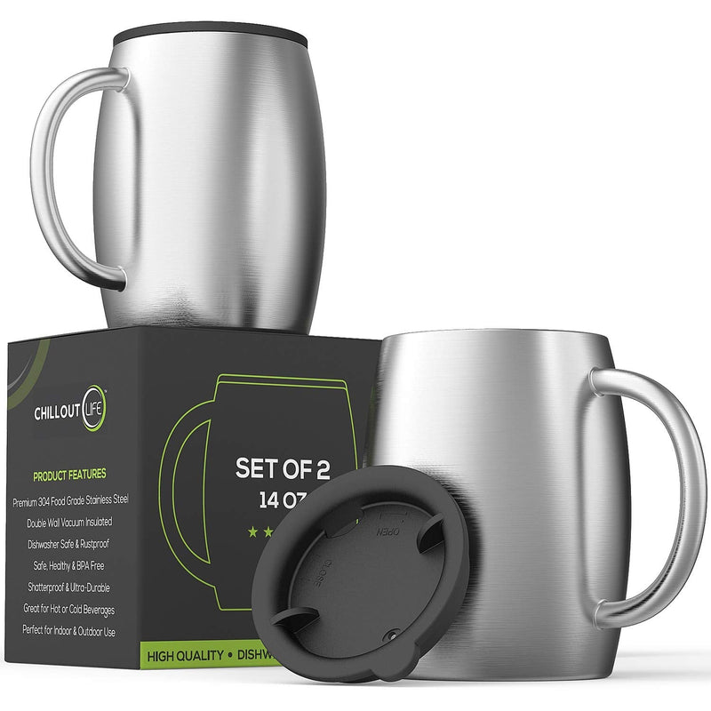[Australia] - Stainless Steel Insulated Coffee Mugs Set of 2 (14oz) – Double Wall Coffee Cups With Spill Resistant Lid & Strong Handle – Shatterproof Cups for Cold Drinks & Hot Beverages - for Indoor & Outdoor Use Stainless Steel 14 oz (pack of 2) 