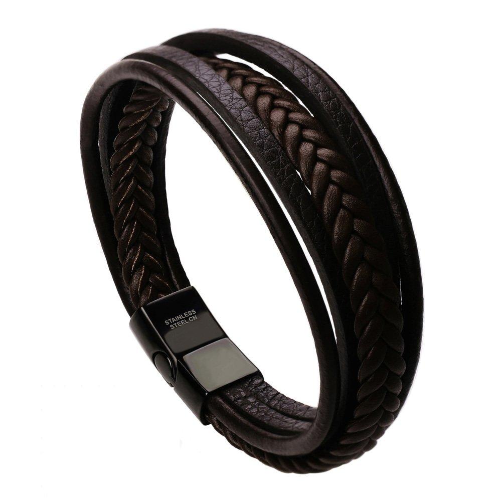 [Australia] - Murtoo Mens Leather Bracelet with Magnetic Clasp Cowhide Multi-Layer Braided Leather Mens Bracelet brown leather&black clasp&7.5" 