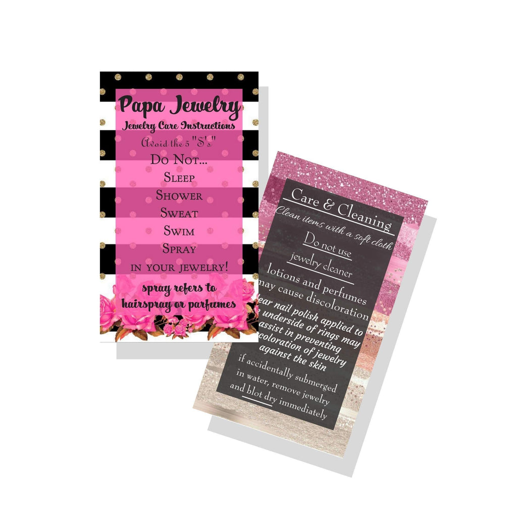 [Australia] - Jewelry Cleaning and Care Cards | Pack of 50 | Pink and Black Striped Floral Design | Jewelry Bling Queen Care Instructions 