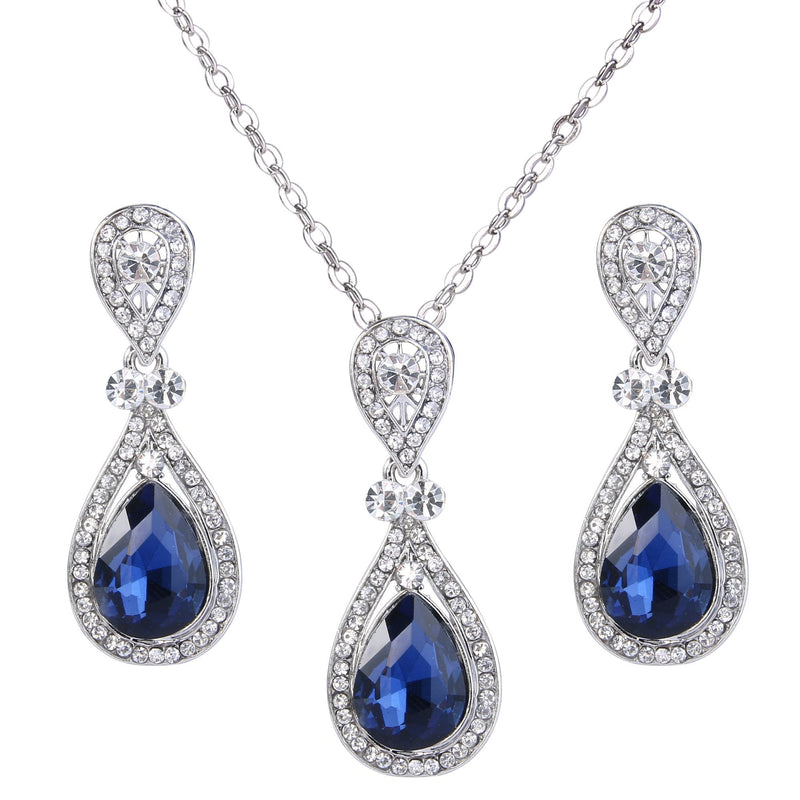 [Australia] - BriLove Women's Wedding Bridal Elegant Crystal Teardrop Pendant Necklace Dangle Earrings Set Navy Blue 