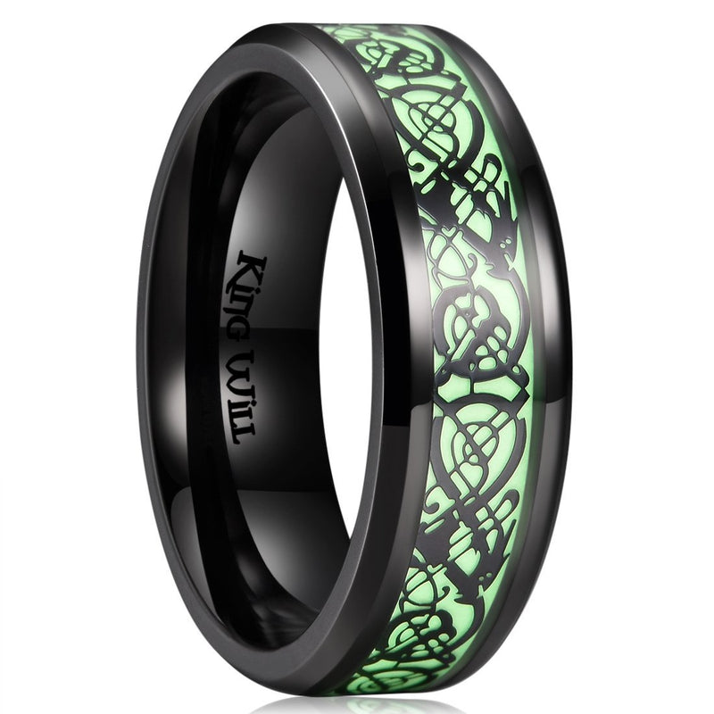 [Australia] - King Will Aurora 7mm/8mm Green/Blue Celtic Dragon Aurora Luminou Glow Black/Silver Titanium Wedding Ring for Unisex 7mm Green Light 6 