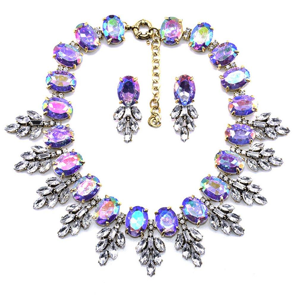 [Australia] - Zthread Lux Statment Necklace Leaf Crystal Choker Eveing Dress Brial Jewelry Necklace Earrings Set for Women Purple 