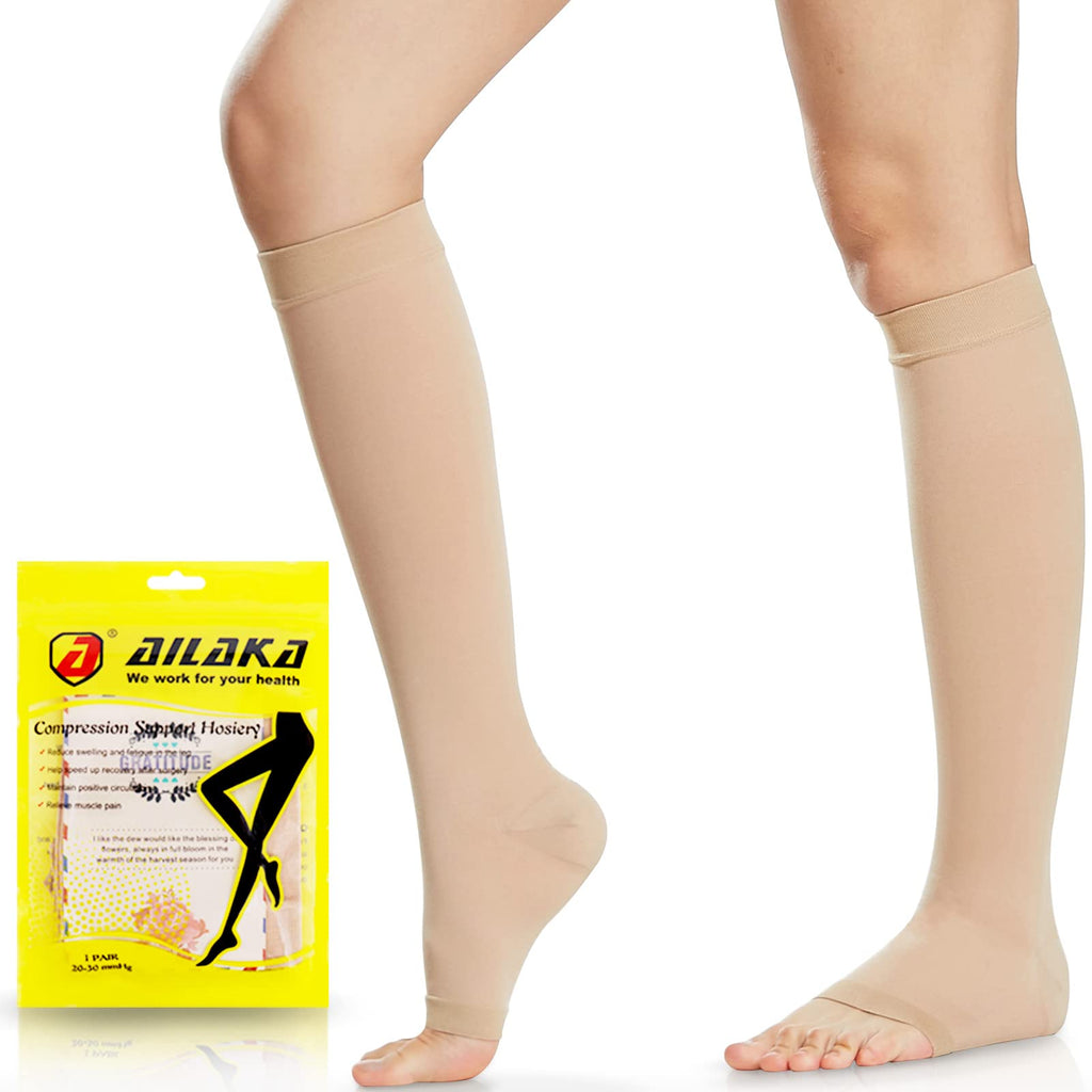 [Australia] - Ailaka 20-30 mmHg Knee High Open Toe Compression Calf Socks for Women and Men, Firm Support Graduated Varicose Veins Hosiery, Travel, Nurses, Pregnancy, Recovery (Beige, Small) Small (1 Pair) Beige 