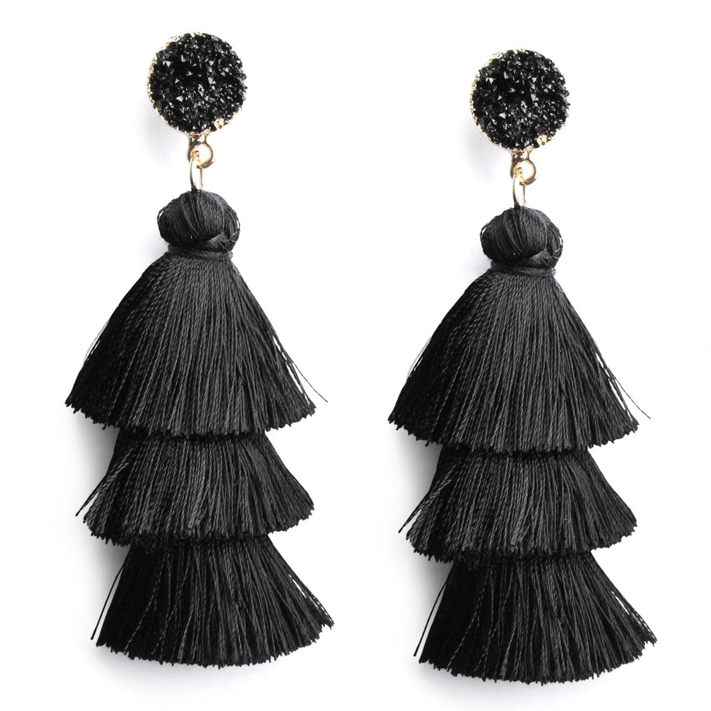 [Australia] - Me&Hz Colorful Layered Tassel Earrings Bohemian Tiered Tassel Druzy Stud Dangle Drop Earrings for Women Teen Girls Birthday Christmas Friends Gift Black 