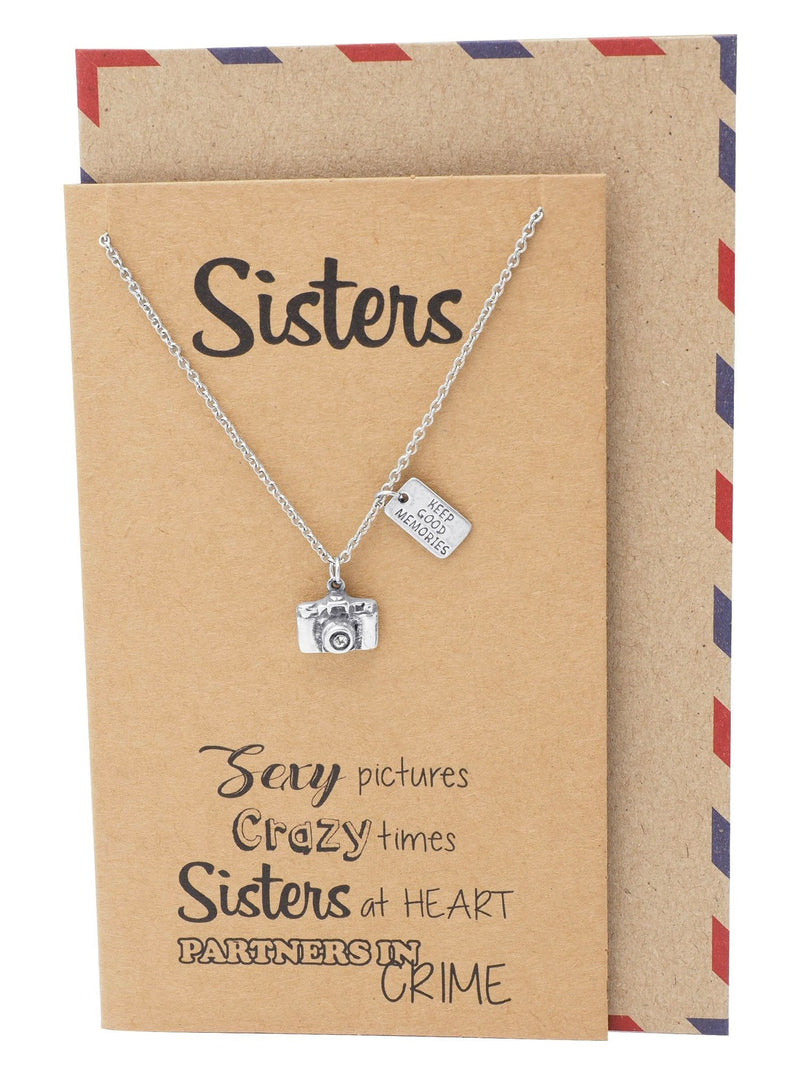 [Australia] - Quan Jewelry Cute Vintage Camera Miniature Jewelry for Women, Photography Gifts, Gifts for Best Friends, Teens, Kids, Selfie Lovers, Photographers, Comes with Inspirational Quote Sisters Necklace 