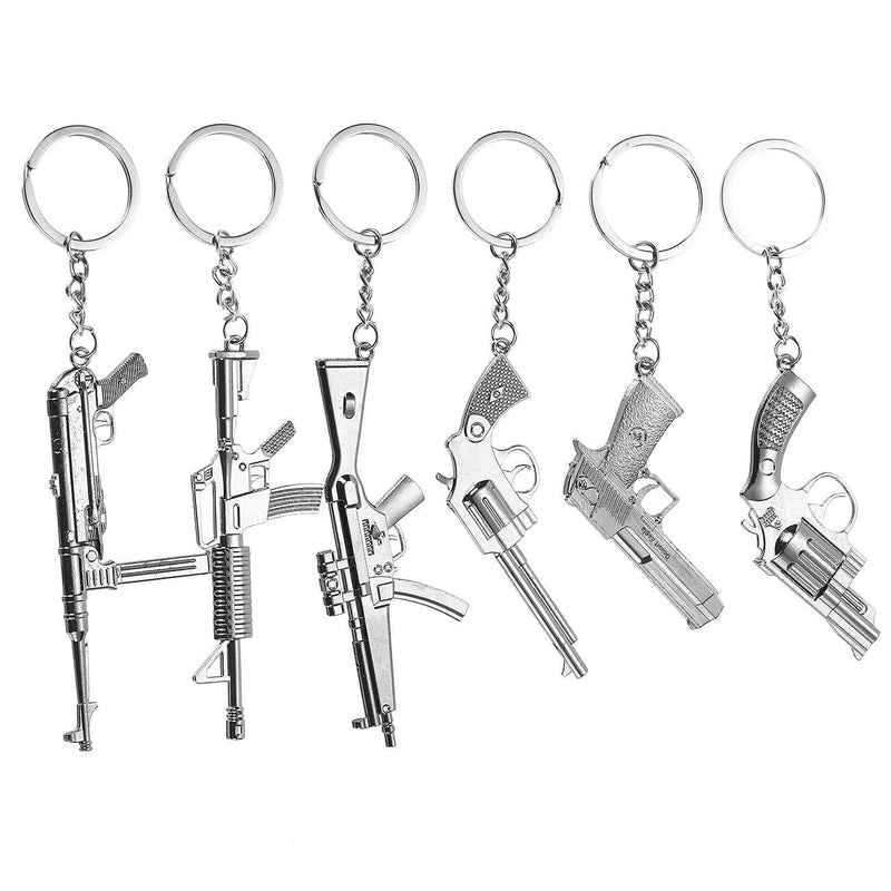 [Australia] - Gun Keychain - 6-Pack Metal Weapon Key Rings Pendant for Men, Birthday Gifts, 6 Designs, Silver 