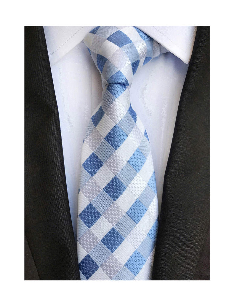 [Australia] - Elfeves Men Modern Tartan Formal Ties Checks Plaid Gingham Pattern Woven Necktie One Size White Blue 