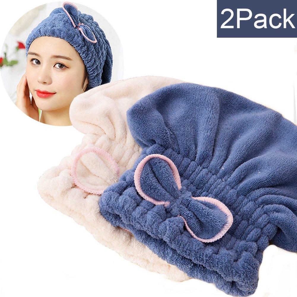 [Australia] - SweetCat 2PC Microfiber Hair Drying Caps, Extrame Soft & Ultra Absorbent, Fast Drying Hair Turban Wrap Towels Shower Cap for Girls and Women (Blue+Beige)… Blue+beige 