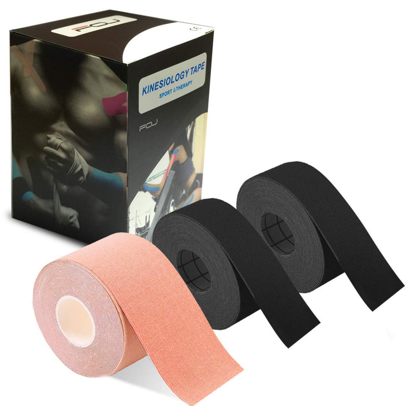 [Australia] - Kinesiology Theraeputic Tape Physio for Athletic Sports Recovery Pain Relieve Strong Adhesion Waterproof Original Cotton Uncut 2 Inch x 16.4 Feet 1 Beige/2 black 