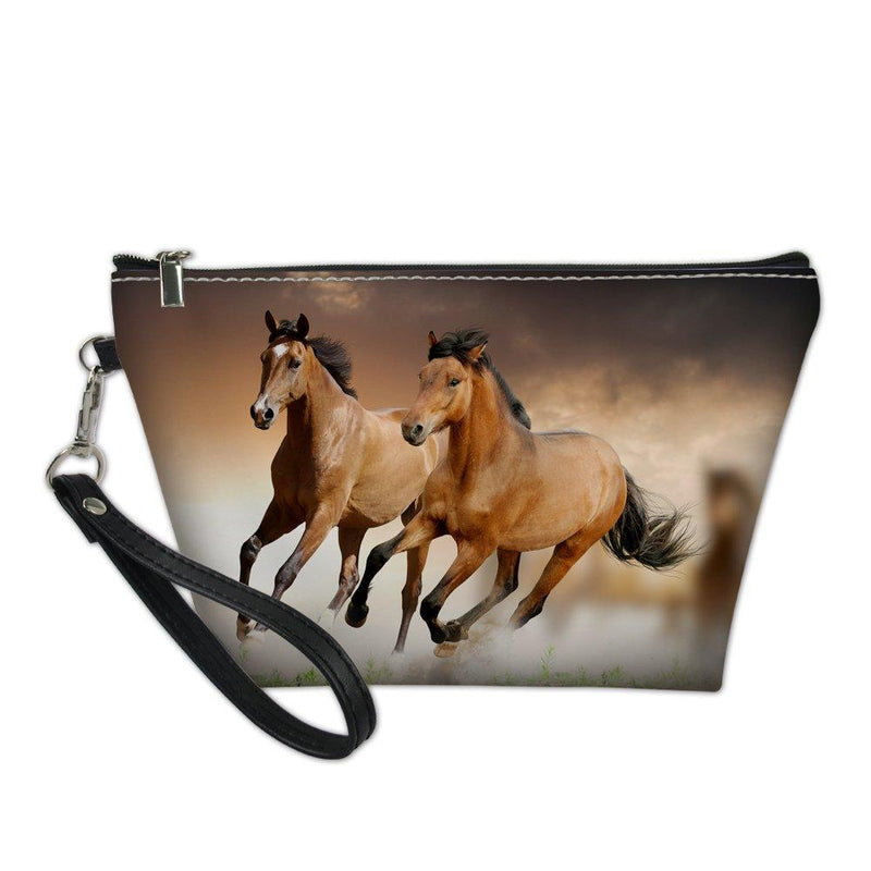 [Australia] - HUGS IDEA Horse Print Protable Handle Makeup Bag Leather Waterproof Cosmetic Bag for Teen Girl Brown-Horse 