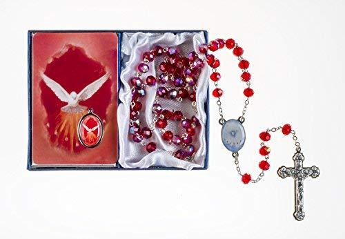 [Australia] - Catholic Confirmation Gift Set Red Acrylic Bead Rosary and Prayer Card with Medal, 20 Inch 
