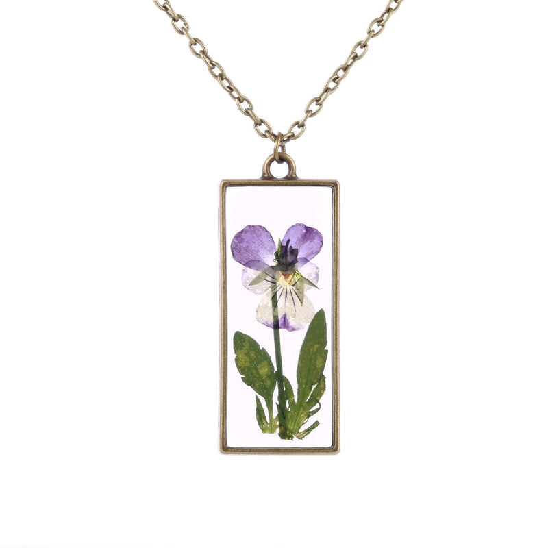 [Australia] - FM FM42 Pressed Dried Real Purple Pansy Flower Square Pendant Necklace ZN1024 