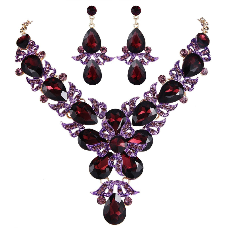 [Australia] - EVER FAITH Rhinestone Crystal Elegant Wedding Flower Leaf Teardrop Necklace Earring Set Purple Gold-Tone 