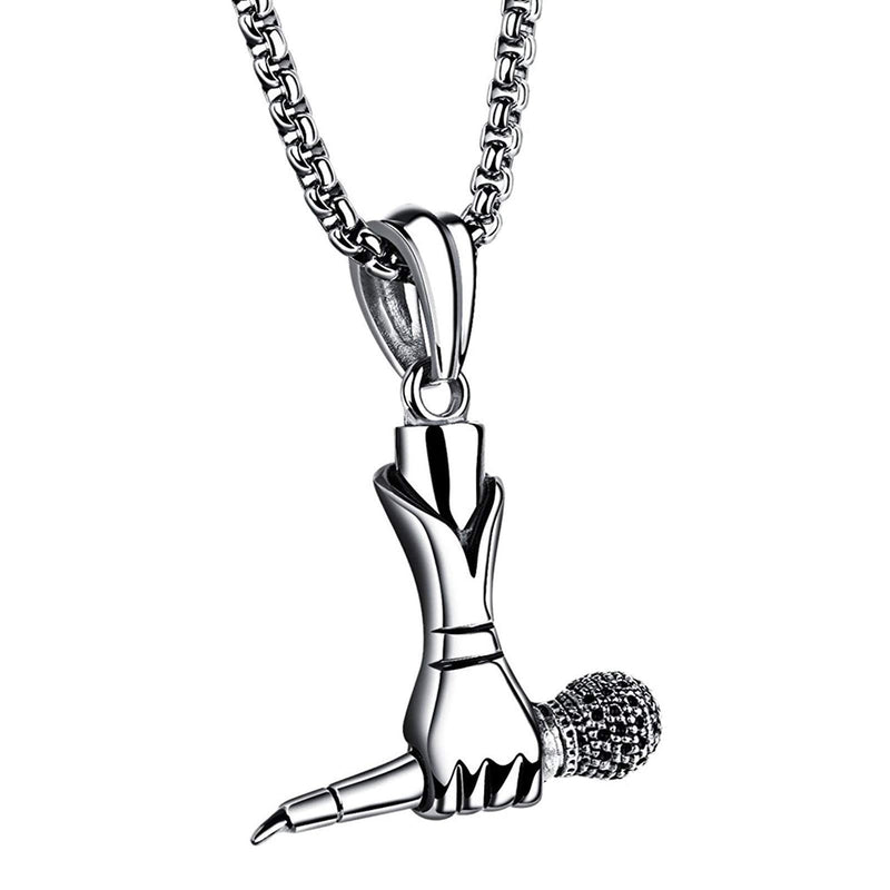 [Australia] - Fusamk Hip Hop Music Titanium Steel Microphone Tag Pendant 24" Chain Necklace Steel Hand Microphone 