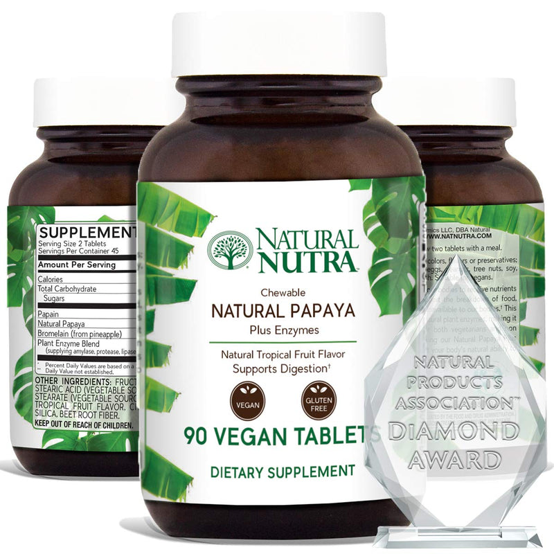 [Australia] - Natural Nutra Papaya Chewable Plant Enzymes Blend for Digestion, Prevent Boating, Supports Body Detox, Helps to Reduce Constipation, Ease Gastointestinal Discomport, 90 Chewable Vegan Tablets 90 Count (Pack of 1) 