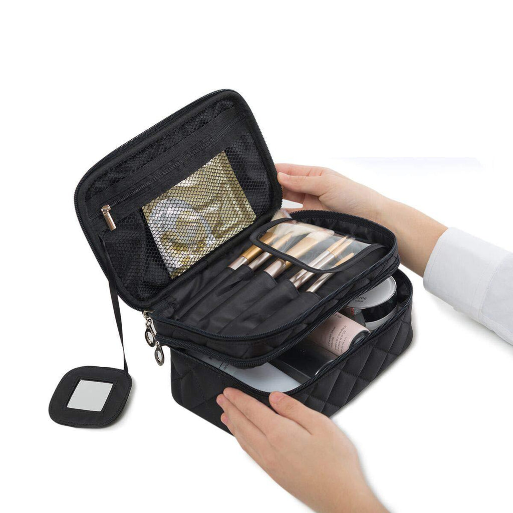 [Australia] - Portable Makeup Bag, WuHua Double Layer Cosmetic/Toiletry Brush Bag for Women, with Mirror Travel/Train Kit Organizer, Professional Makeup Pouch Purse for Travel Home Big 