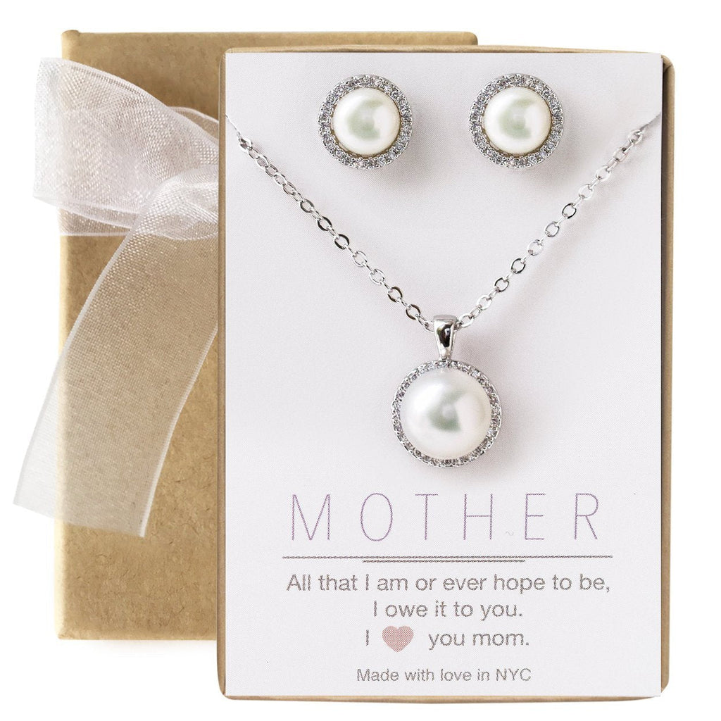 [Australia] - A+O Gift for mom, Pearl Jewelry Set - Pearl Stud Earrings & Necklace Set 