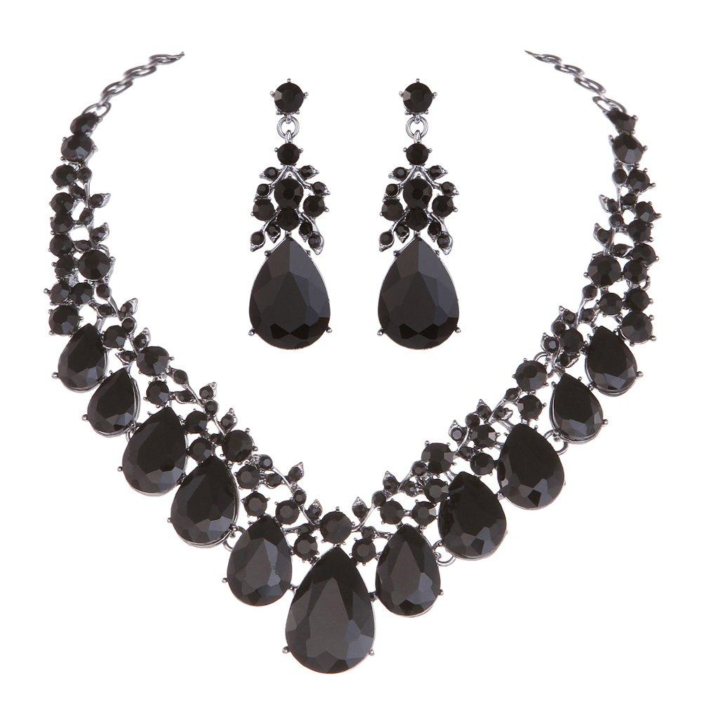 [Australia] - Youfir Bridal Rhinestone Crystal V-Shaped Teardrop Wedding Necklace and Earring Jewelry Sets for Brides Formal Dress Black 