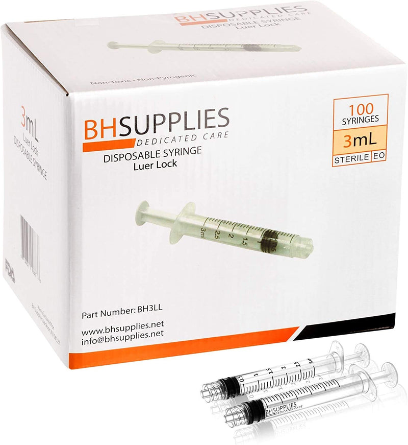 [Australia] - 3ml Syringe Sterile with Luer Lock Tip - 100 Syringes by BH Supplies (No Needle) Individually Sealed 