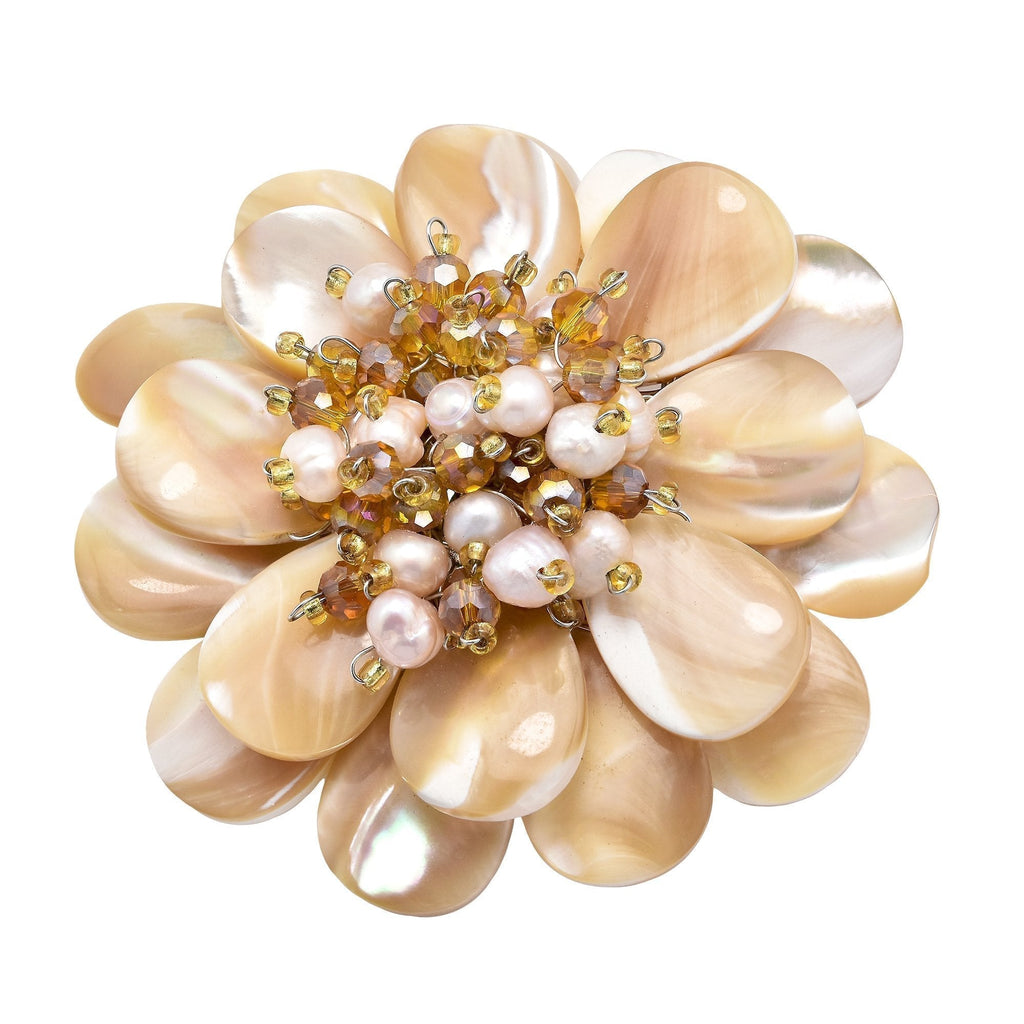 [Australia] - AeraVida Elegant Blooming Brown and Beige Mother of Pearl & Cultured Freshwater Pearl & Fashion Crystal Flower Pin or Brooch 