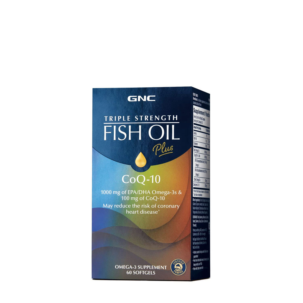 [Australia] - GNC Triple Strength Fish Oil Plus CoQ-10 | 1000 mg of EPA/DHA Omega-3s, 100mg of CoQ-10, Supports Heart, Brain, Skin, Eye and Joint Health | 60 Softgels 