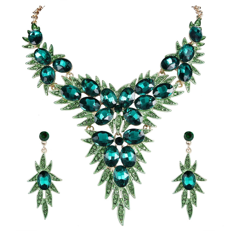 [Australia] - BriLove Women's Wedding Bridal Crystal Multi Oval-Shape Flower Leaf Enamel Statement Necklace Dangle Earrings Set Emerald Color Gold-Tone 