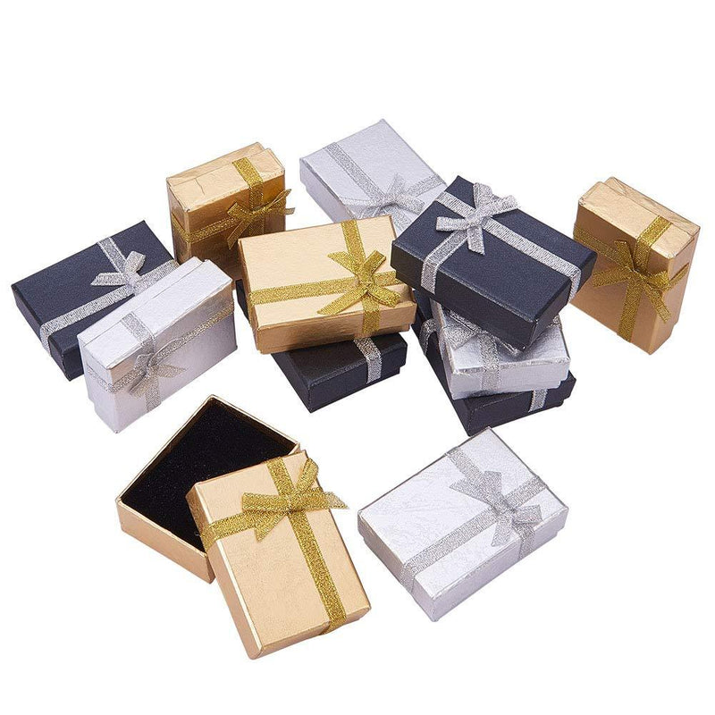 [Australia] - PandaHall Elite 12 Pcs 2.7x 2x1 Inch Cardboard Paper Jewelry Boxes Gift Cases with Ribbon Bowknot for Earring Jewelry Rings Pendant Necklaces Bracelet Packaging Box, Golden/Silver/Black 70x50x25mm 3 Colors-12 Pcs 1 