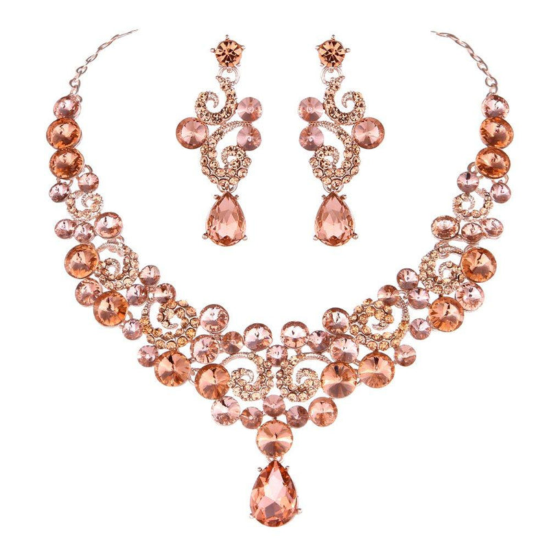 [Australia] - Youfir Crystal Flower Teardrop Wedding V-Necklace Dangle and Earrings Jewelry Sets for Brides Rose Gold-Peach 