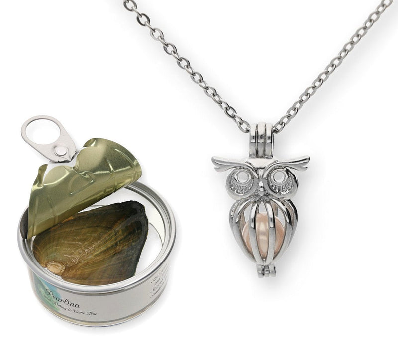 [Australia] - Pearlina Owl Cultured Pearl in Oyster Necklace Set Silver-tone Cage w/Stainless Steel Chain 18" 