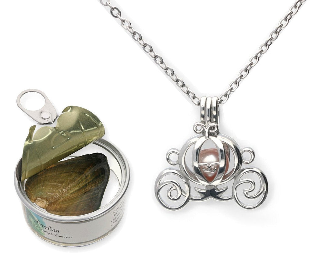 [Australia] - Pearlina Princess carriage Cultured Pearl Oyster Necklace Set Silver-tone Cage w/Stainless Steel Chain,18 