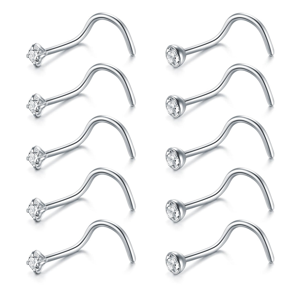 [Australia] - Briana Williams Nose Rings 10Pcs 20G Nose Screw Rings Studs Surgical Steel Piercing Jewelry 2mm Clear CZ 1-Silver 