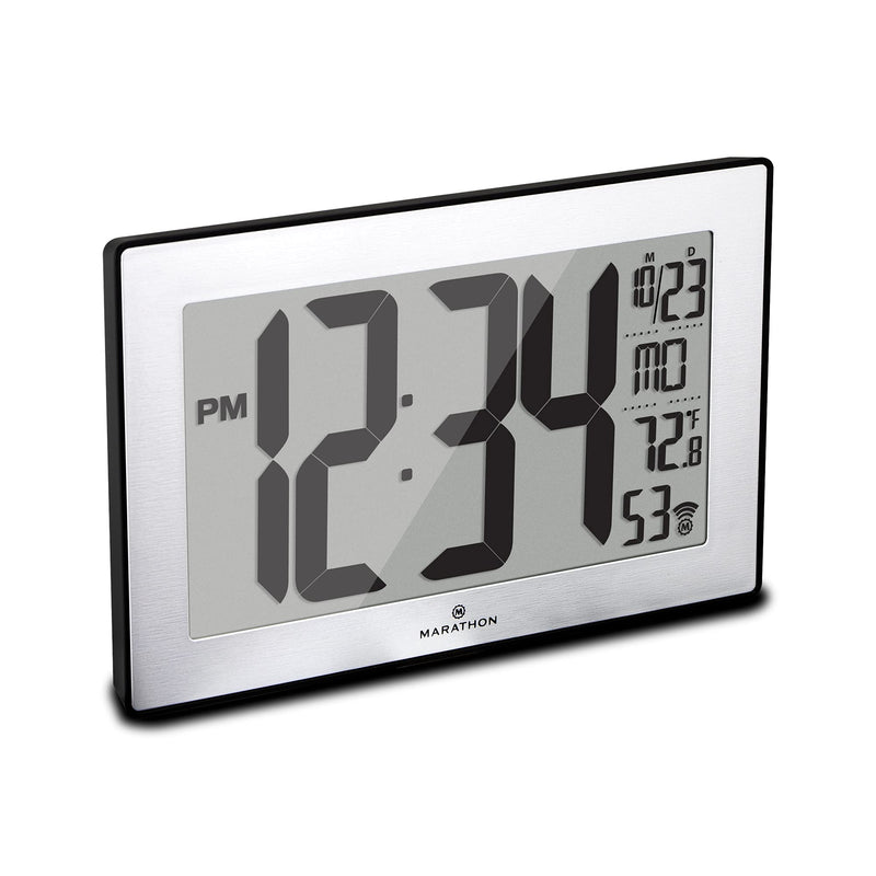 [Australia] - MARATHON CL030068 Slim Panoramic Atomic Wall Clock with Table Stand (Black/Stainless Steel) Black/Stainless Steel 