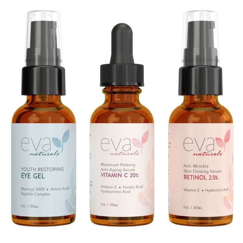 [Australia] - Eva Naturals Facelift in a Bottle - 3-in-1 Anti-Aging Set with Retinol Serum, Vitamin C Serum and Eye Gel - Formulated to Reduce Wrinkles, Fade Dark Spots and Treat Under-Eye Bags - Premium Quality 