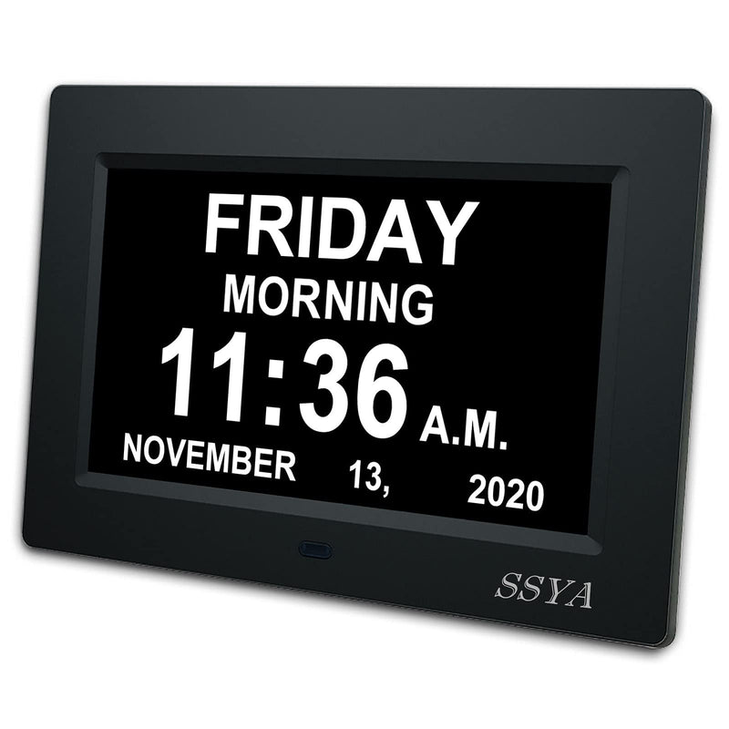[Australia] - [Newest Version] 7 Inch Day Clock - 12 Alarm Options, Level 5 Auto Dimmable Display,Extra Large Impaired Vision Digital Clock with Non-Abbreviated Day & Month Alarm Clock (7 inch) Black 