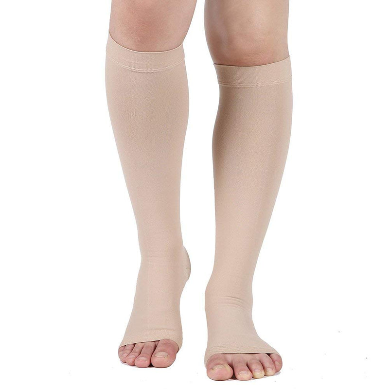 [Australia] - Compression Socks, 20-30 mmHg Graduated Knee-Hi Compression Stockings for Unisex, Open Toe, Opaque, Support Hose for DVT, Pregnancy, Varicose Veins, Relief Shin Splints, Edema, Beige Large 1 Pair Beige 