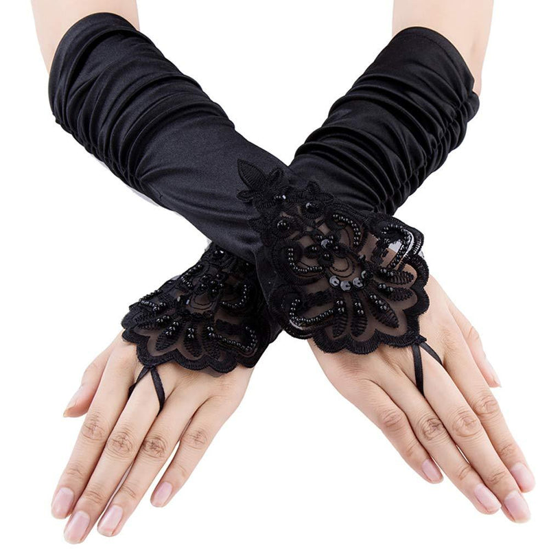 [Australia] - Xuhan 15"/ 21" Long Flapper Evening Opera Satin Gloves for Women Elbow Length 1920s 15 Inches-black 