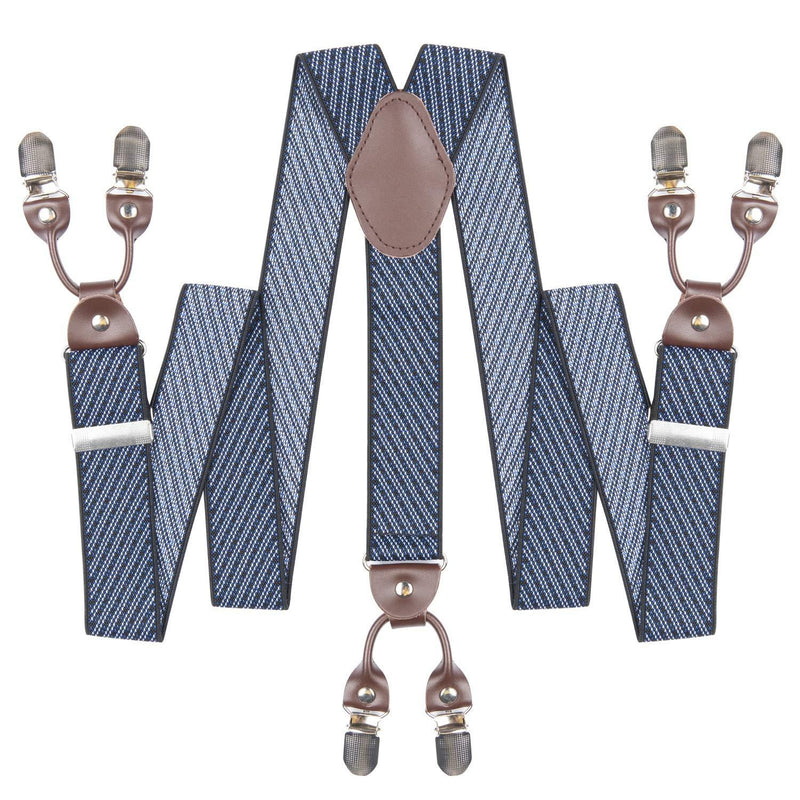 [Australia] - Mens Suspenders Suit Brace Y-back Leather Heavy Duty Suspender with 6 Metal Clip Blue Stripe 