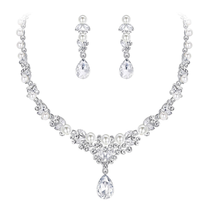 [Australia] - EVER FAITH Women's Crystal Simulated Pearl Elegant Bridal Banquet Waterdrop Necklace Earrings Set Necklace Pierced Earrings Set 