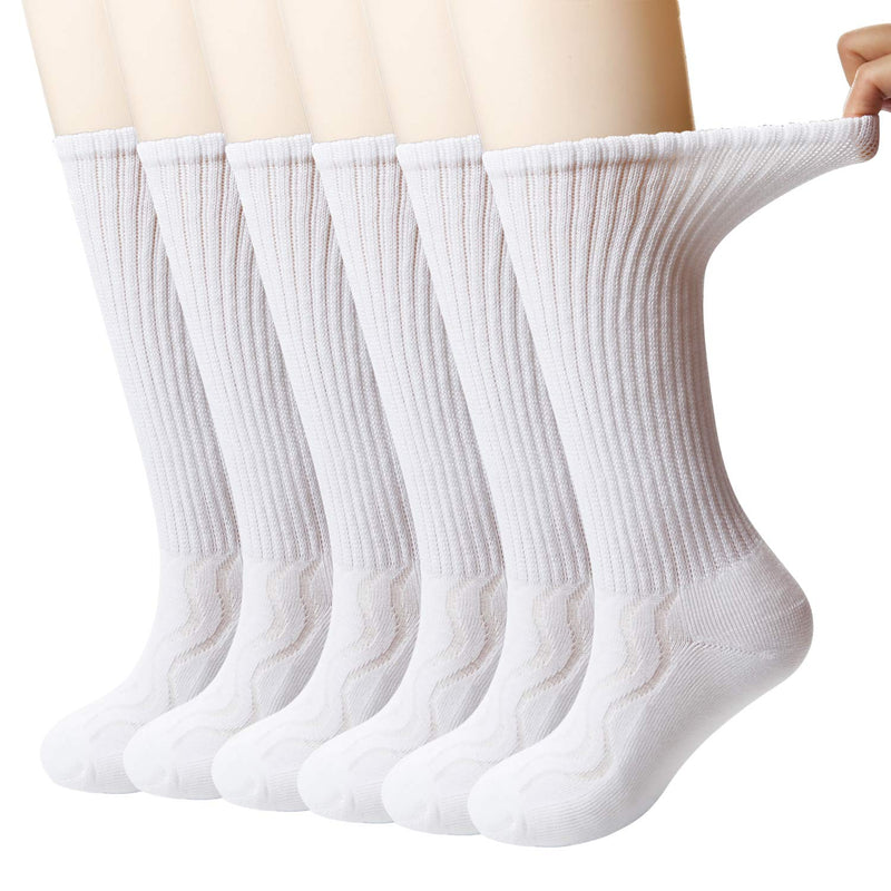 [Australia] - MD 6 Pairs Non-Binding Women's Cushioned Moisture Wicking Bamboo Diabetic Crew Dress Socks 9-11 White 