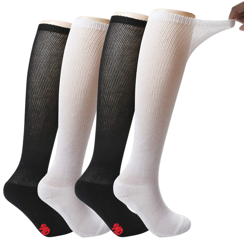 [Australia] - +MD 4 Pack Men’s Extra Wide Non-Binding Diabetic and Circulatory Bamboo Over The Knee Socks with Cushioned Sole 2Black2White10-13 Sock Style10-13,mens Shoe Style8-12 Black/White(4 Pairs) 