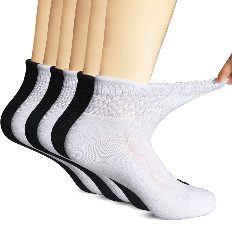 [Australia] - MD 6 Pairs Non-binding Women's Moisture Wicking Cushion Quarter Bamboo Diabetic Socks 9-11 3Black/3White Sock Size 9-11, Womens Shoe Size 5-10 3black/3white(6 Pairs) 