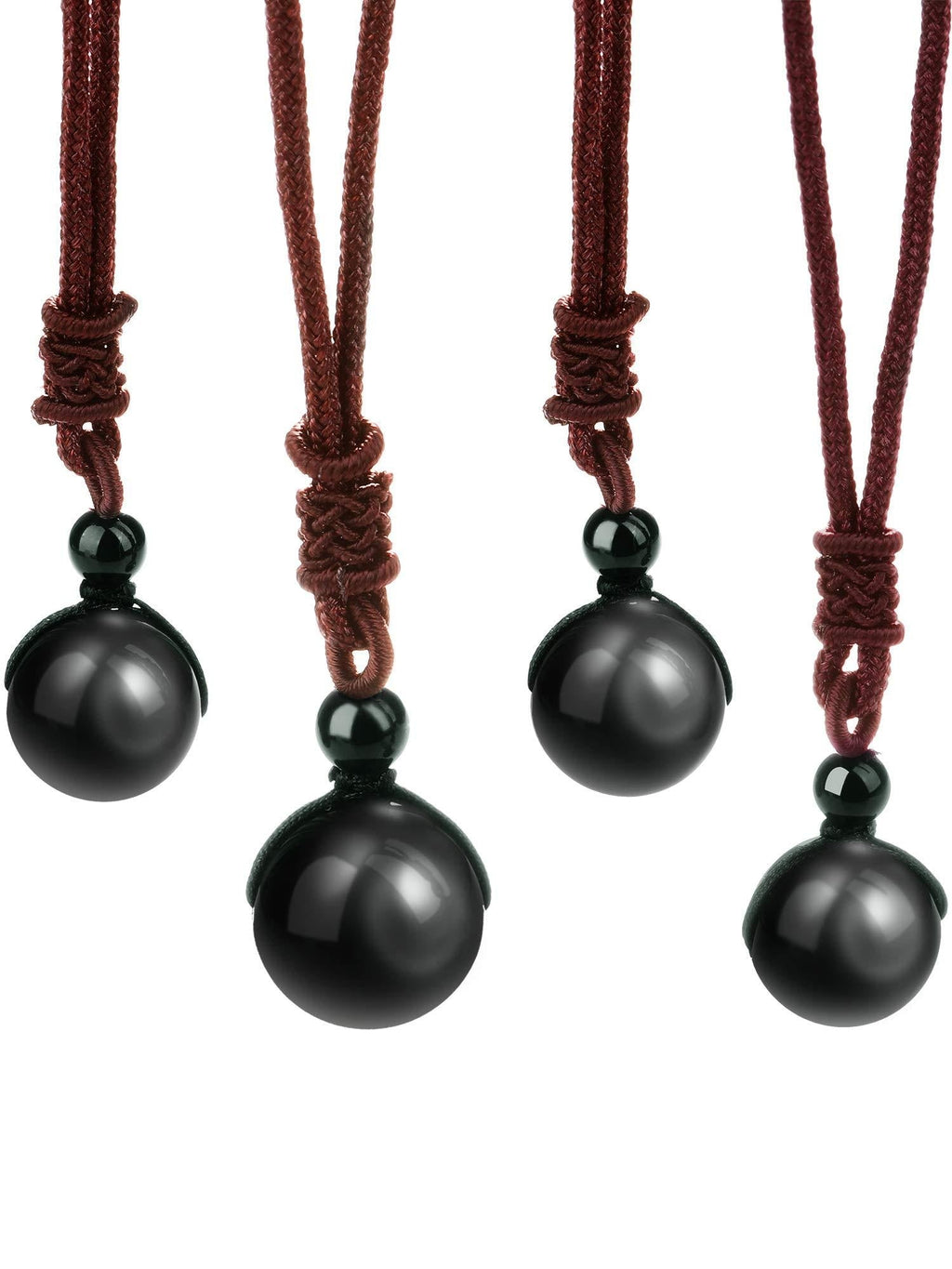 [Australia] - 4 Pack Natural Black Obsidian Necklace Double Rainbow Eye Beads Lucky Blessing Necklace, 16 mm 