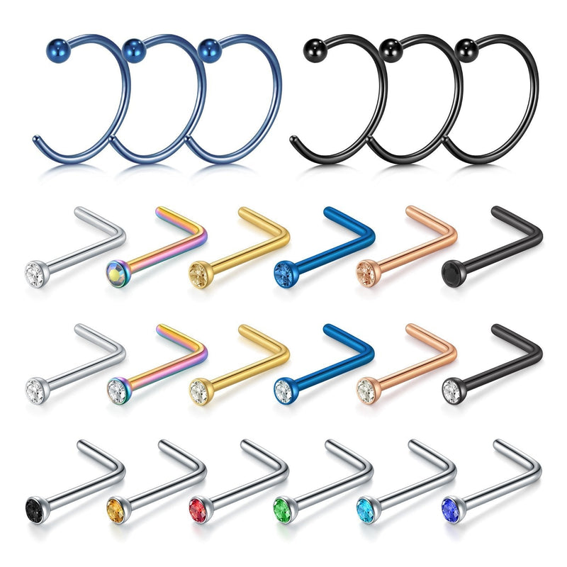 [Australia] - D.Bella 18G Nose Rings Hoop Stainless Steel L-Shaped Nose Rings Studs Screw Clear Clicker Retainer Tragus Cartilage Helix Earrings Piercing Hoop 32pcs Mix Color 