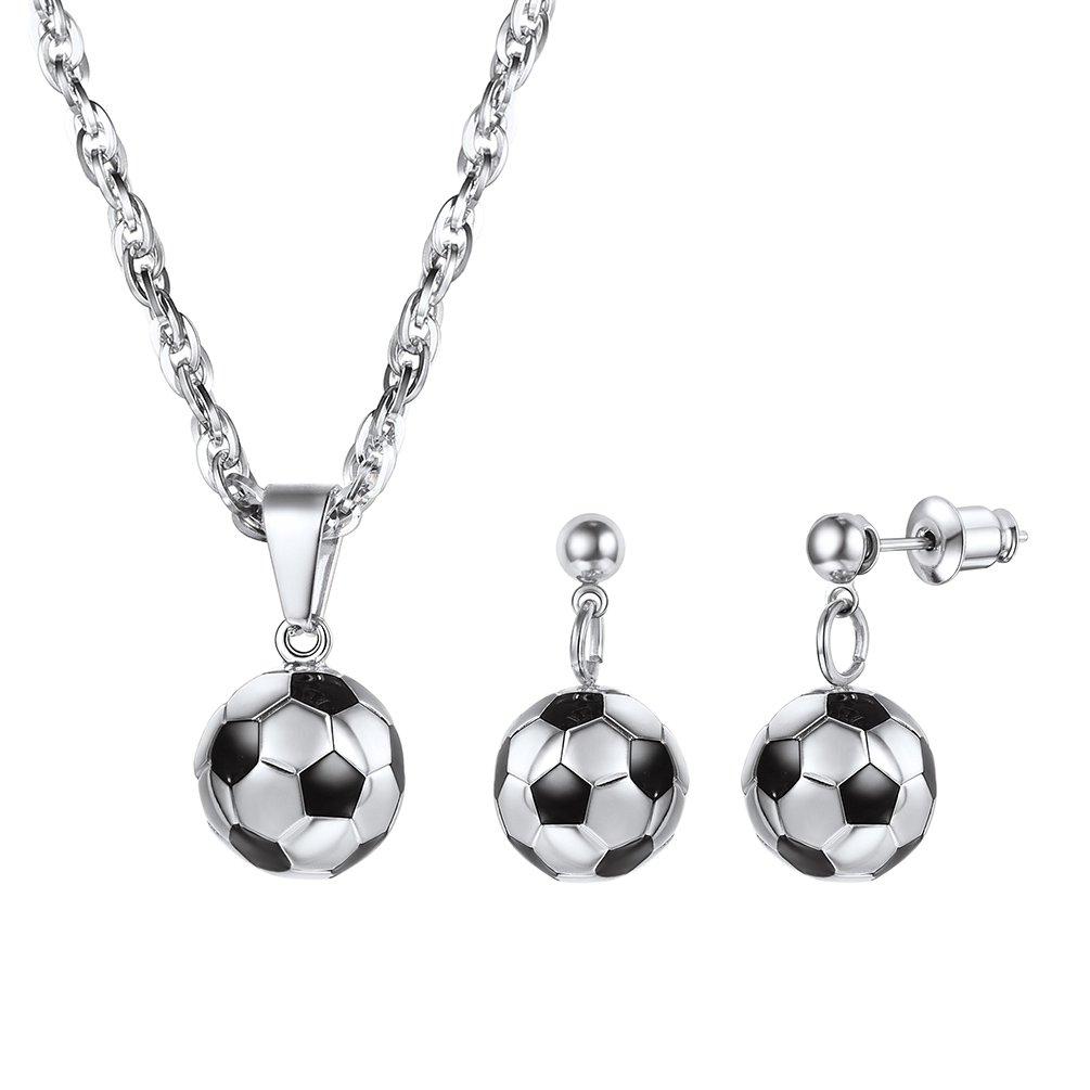 [Australia] - PROSTEEL Stainless Steel 3D Soccer Football/Basketball Charm Necklace/Earrings Unisex Jewelry Boys Mens Girls Womens Fan Gift 03 Silver-Necklace and Earrings Set 