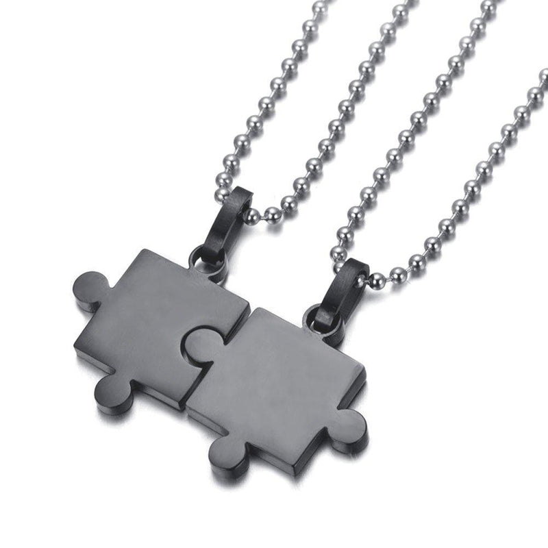 [Australia] - JSEA Couples Stainless Steel Black Silver Jigsaw Puzzle Pieces Pendant Necklaces I Love You 