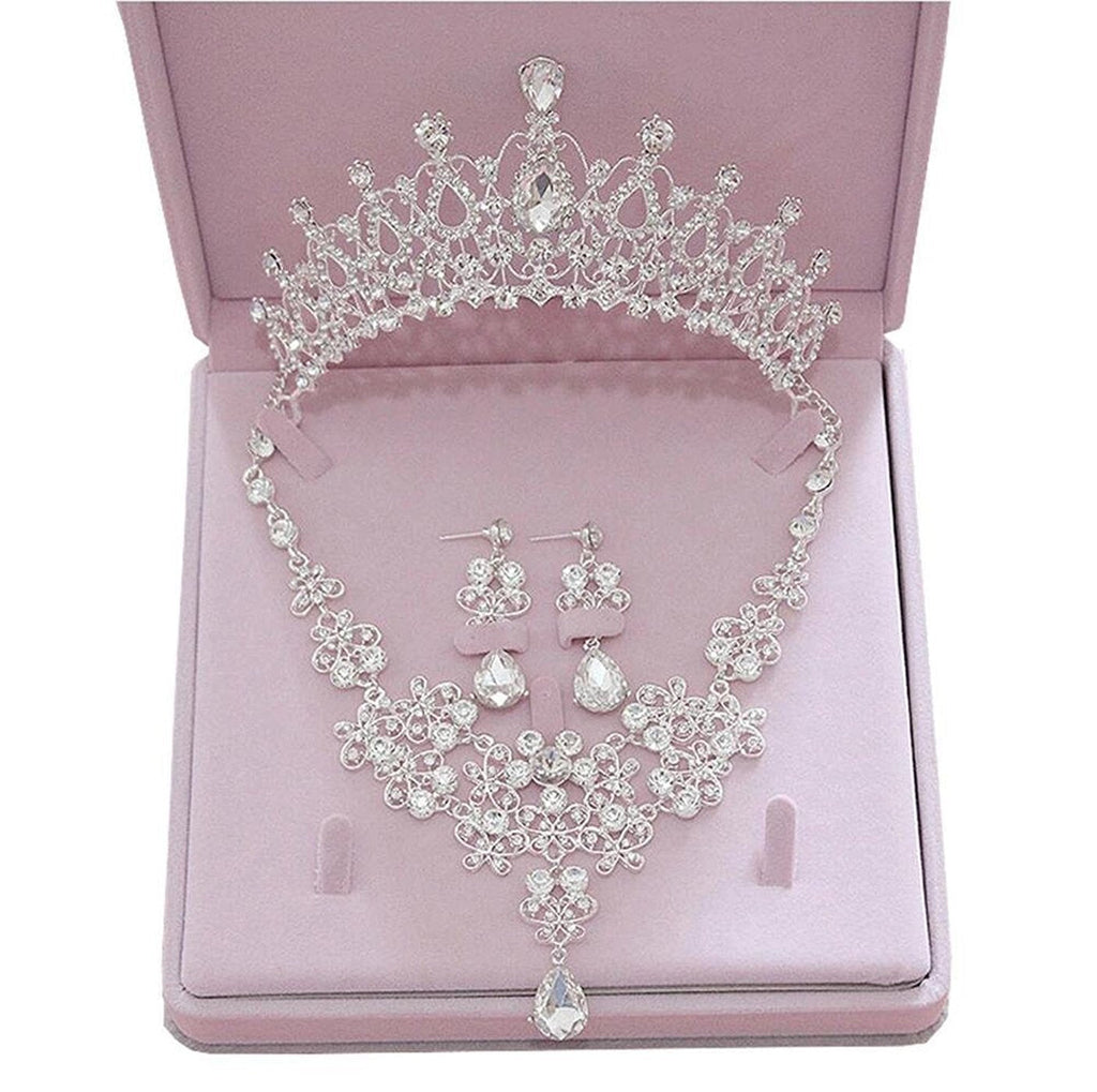 [Australia] - eNice Fashion Crystal Rhinestone Necklace Earrings Crown Flower Jewelry Sets For Wedding Bridal Party 